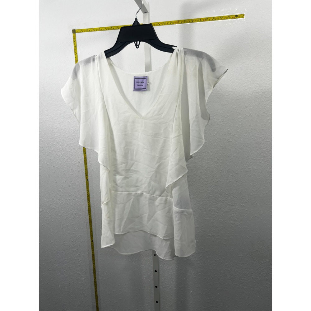 Michelle Nicole White Flutter Sleeve V-Neck Layered High-Low Blouse Top
